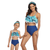 Family Matching Blue Leaves Ruffled Printed Swimsuits